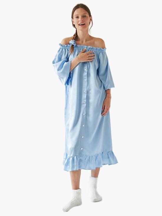 Sleeper Dresses & Skirts - Sleeper Maria Blue Silk Loungewear Dress NWOT Button Down Oversized Ruffle Chic